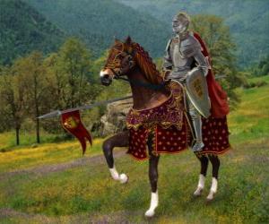 пазл Рыцарь с шлем и брони и с его копьем готов на лошади